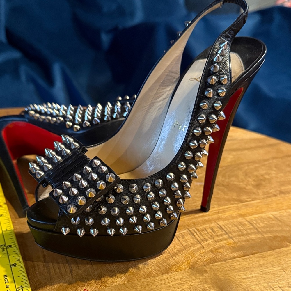 Christian Louboutin Paris Black Studded bow peep toe 6” Platform Heels 39